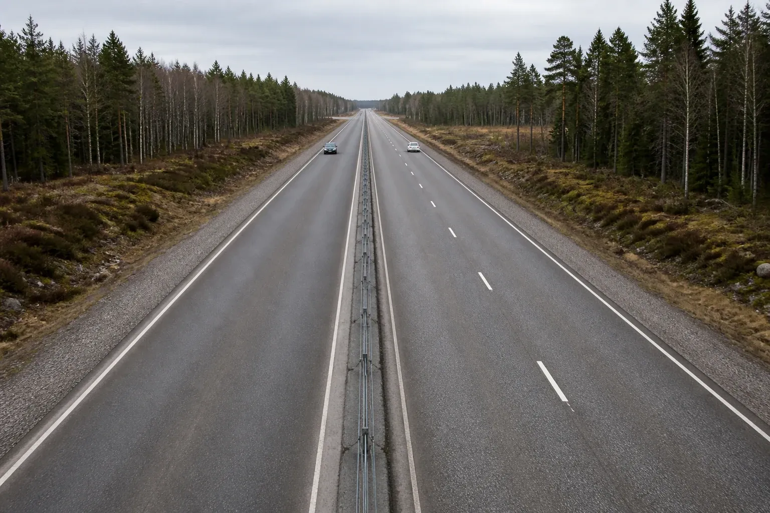Mötesseparerad landsväg med två körfält i ena riktningen och ett i den andra