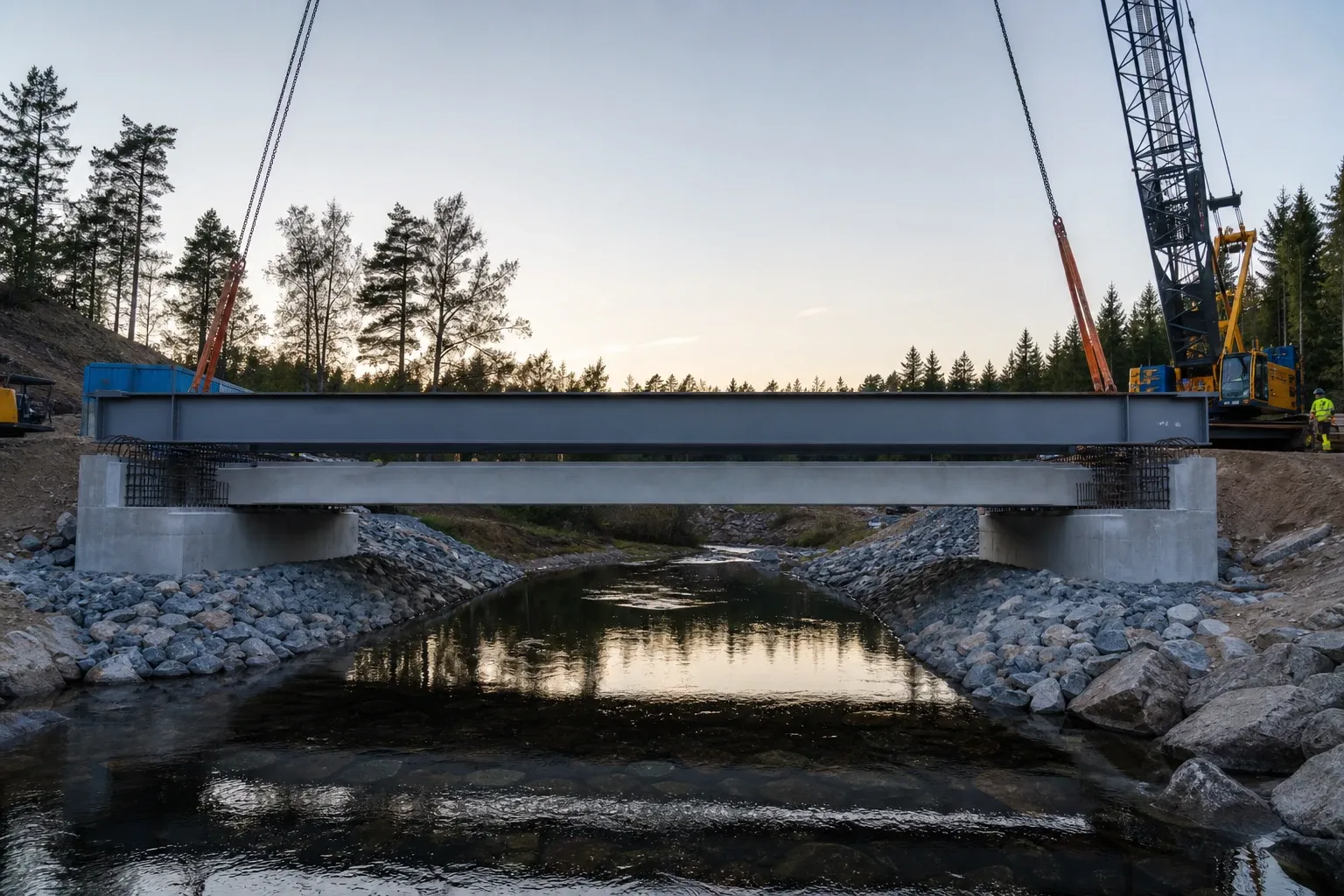 Kran lyfter en stålbalk över ett smalt vattendrag mellan betongstöd