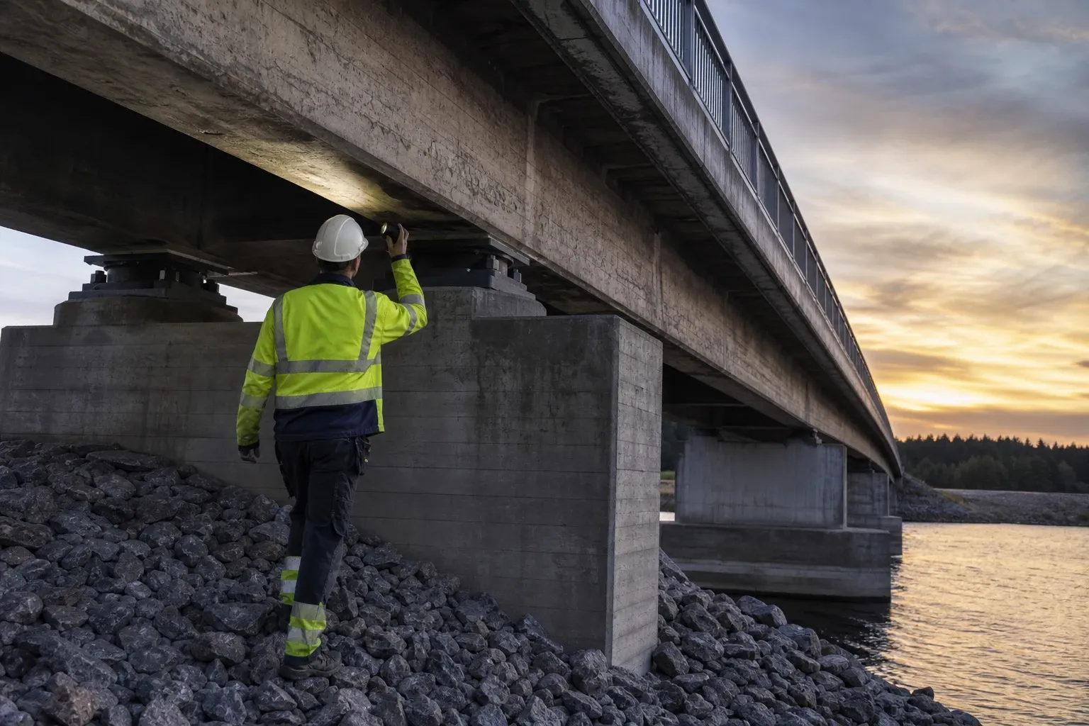 Broinspektör undersöker undersidan av en betongbro över vatten