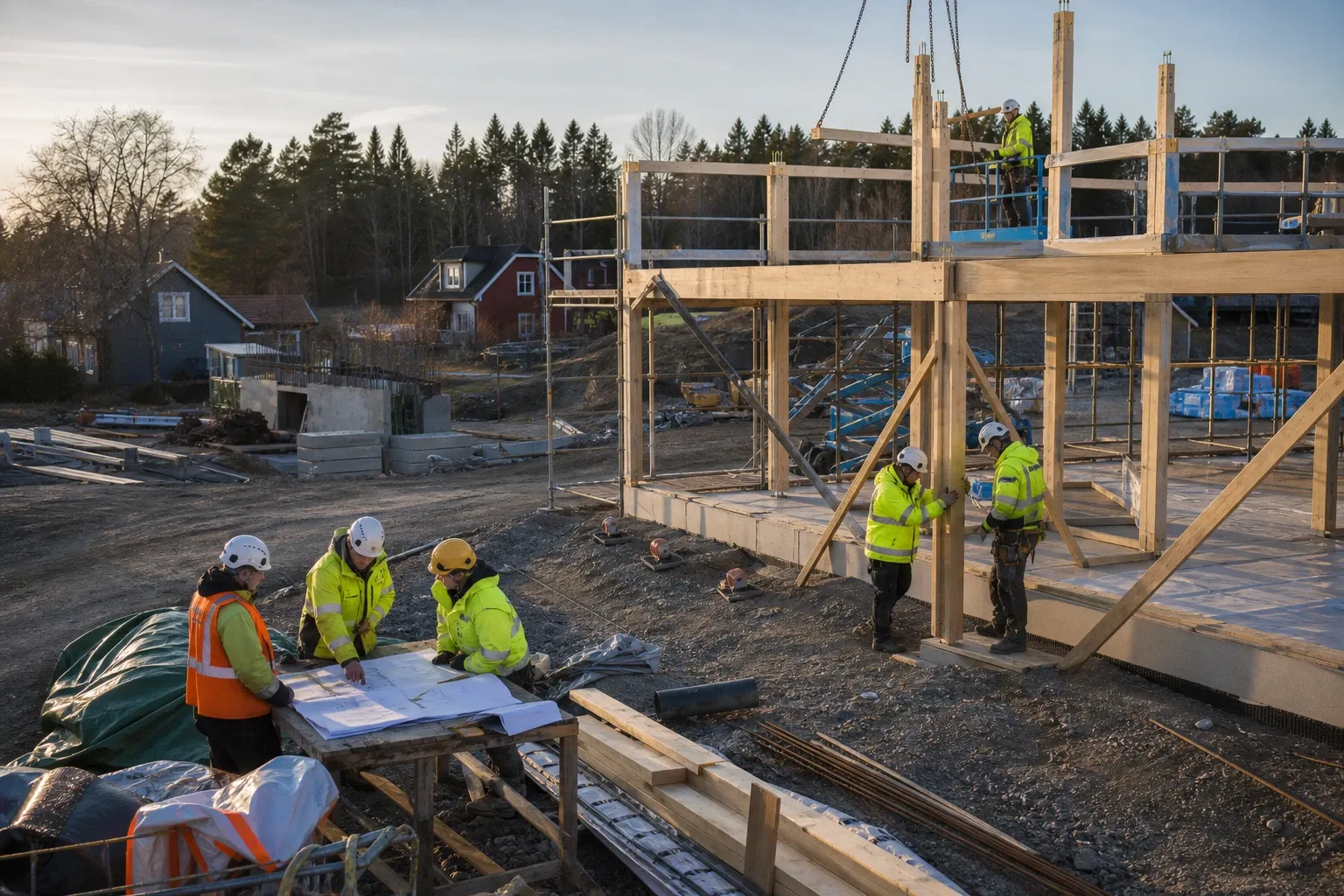Bygglag samlas kring ritningar vid en trästomme under uppförande
