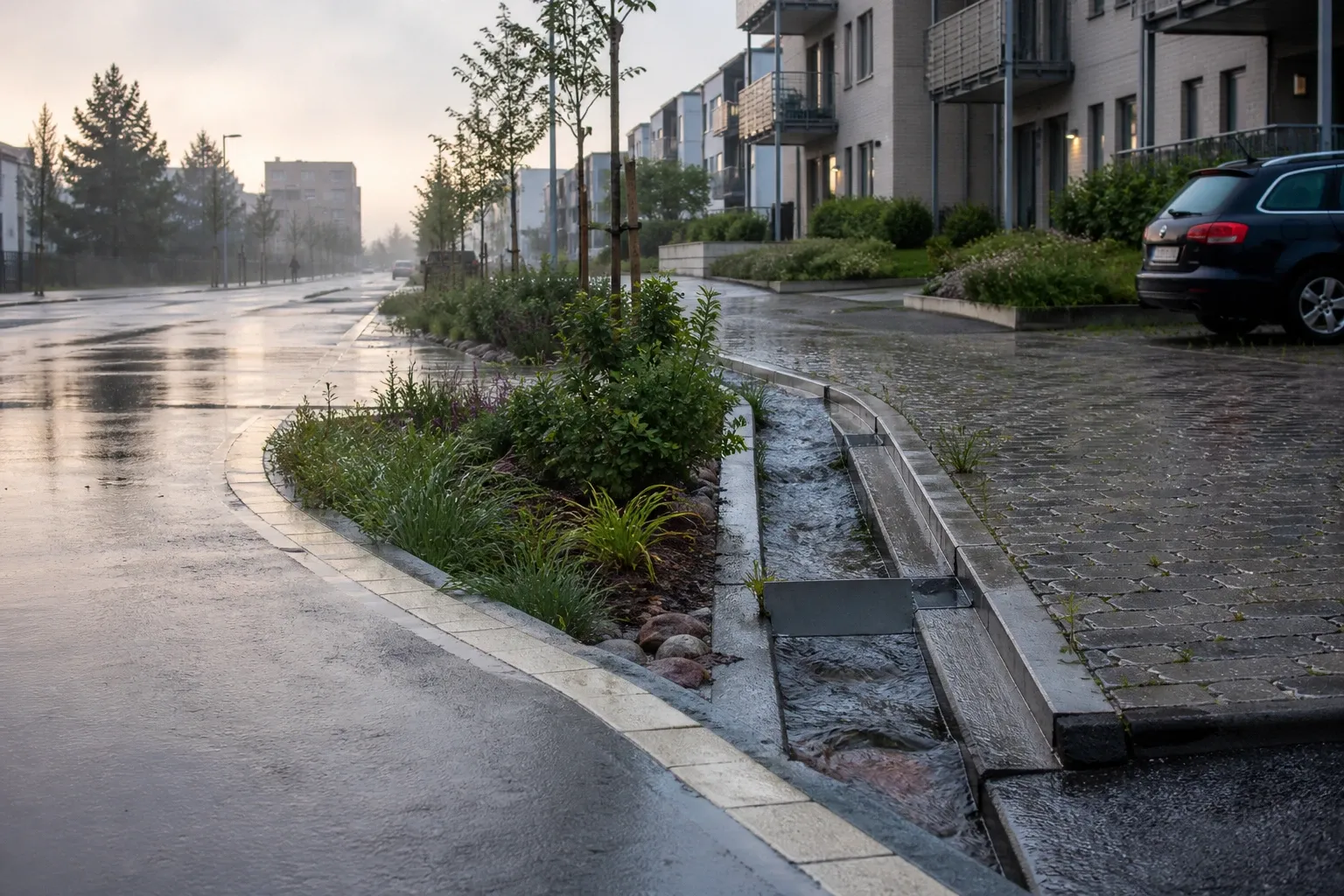 Regnvatten rinner längs en planterad dagvattenränna vid en bostadsgata