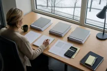 Kvinna arbetar med dokumenthögar, anteckningsblock och miniräknare vid ett skrivbord