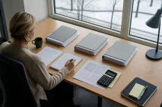 Kvinna arbetar med dokumenthögar, anteckningsblock och miniräknare vid ett skrivbord