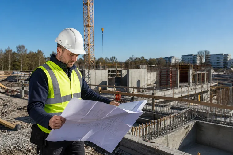 Entreprenadingenjör granskar byggritningar och kalkyler vid ett byggprojekt