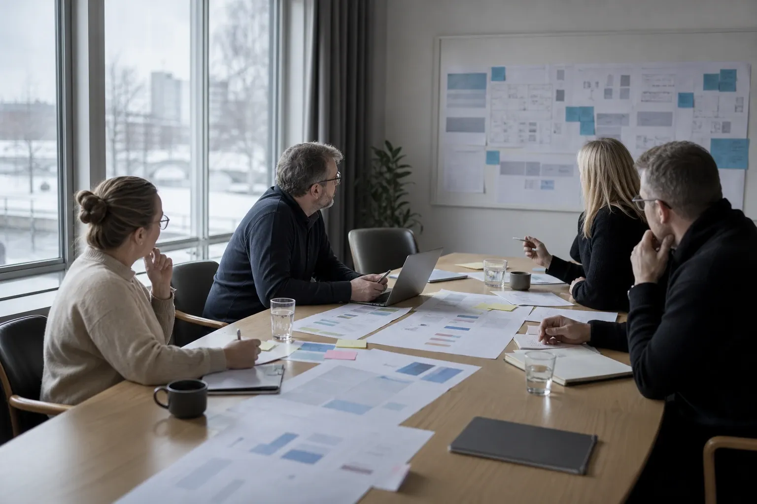 Fem personer diskuterar dokument och färgade lappar runt ett mötesbord