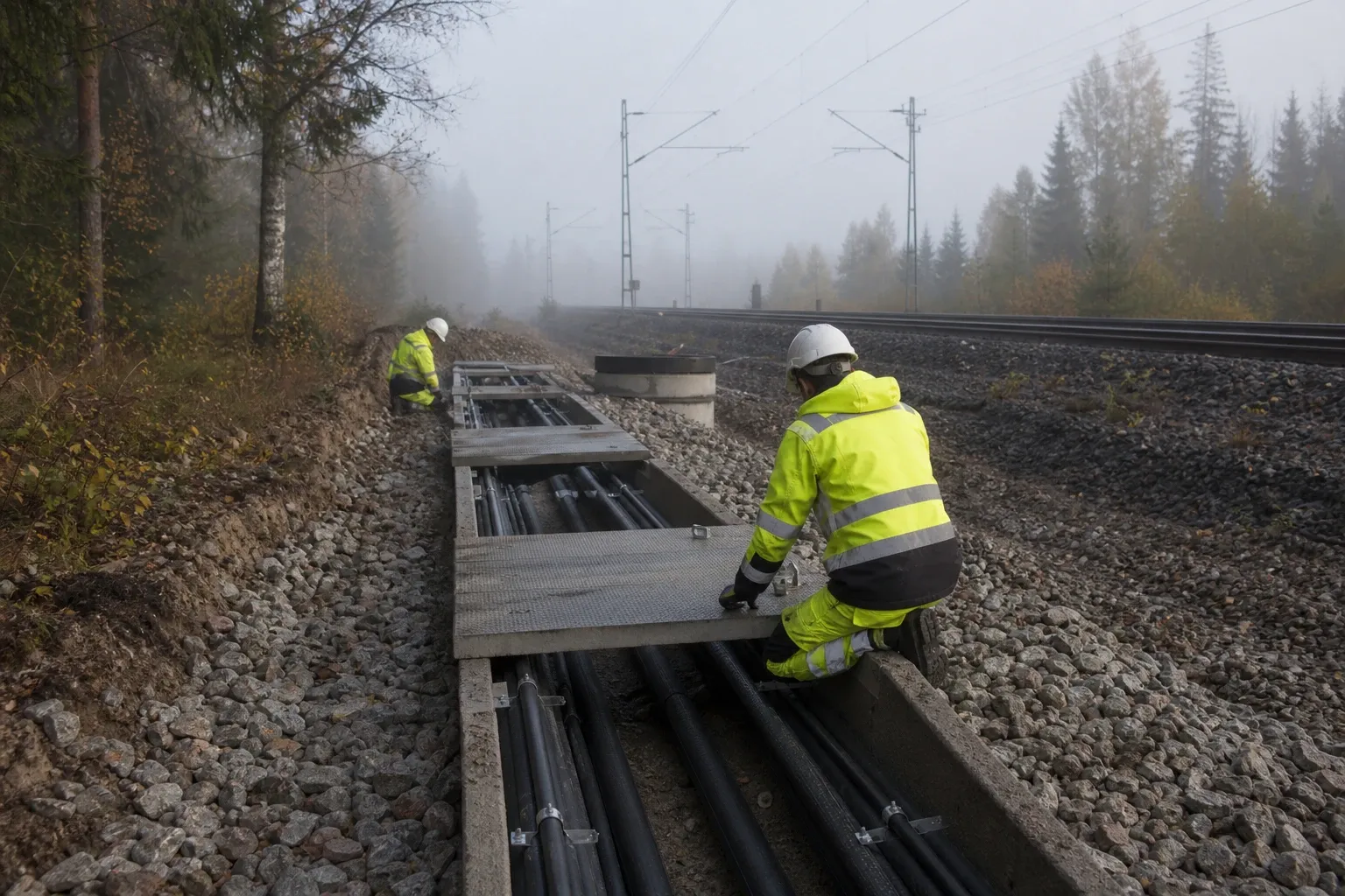 Två banarbetare monterar kabelrännor bredvid järnvägsspår i dimmig skog