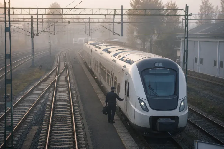 Vitt persontåg vid en perrong i dimma med en person intill tåget