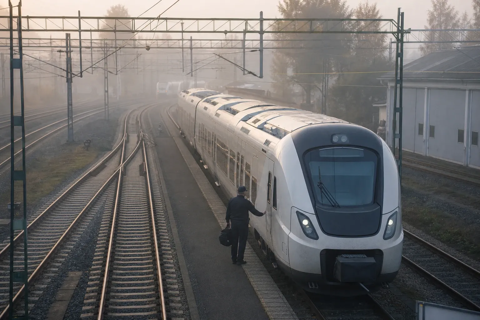 Vitt persontåg vid en perrong i dimma med en person intill tåget