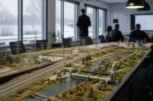 Stor modell av vägar, järnväg och ledningar i ett mötesrum