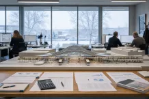 Modell av en stationsbyggnad på bordet i ett ljust projekteringskontor