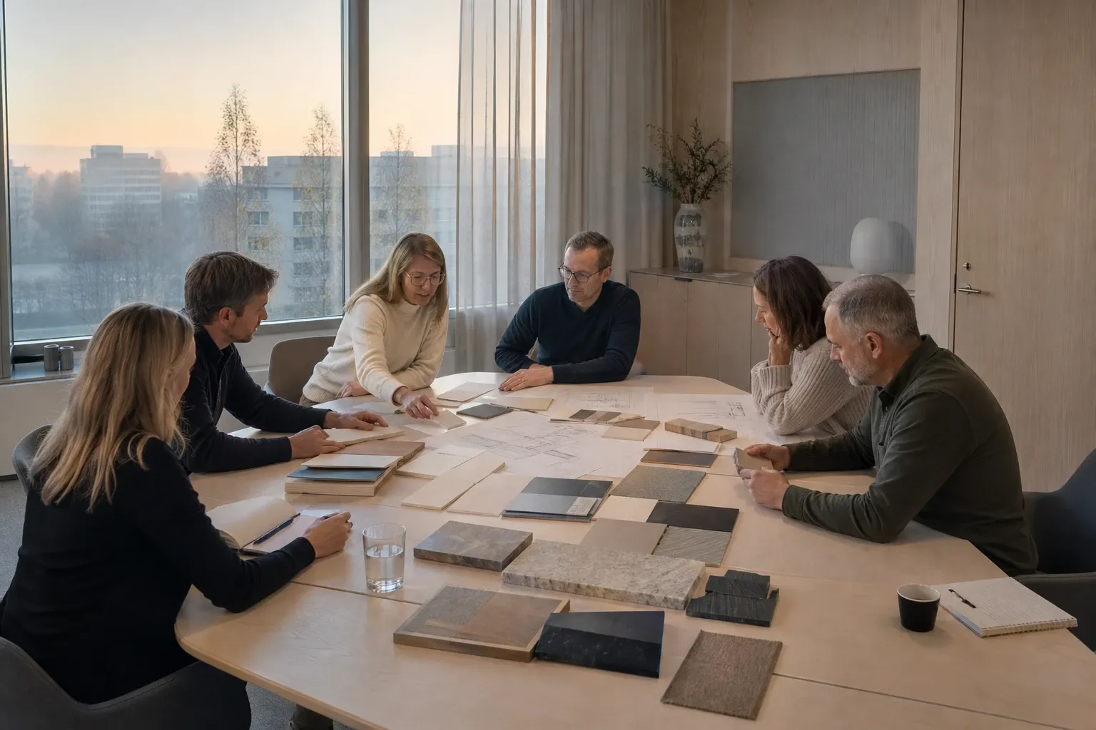 Sex personer diskuterar dokument och materialprover runt ett konferensbord