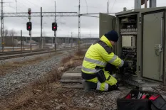 Signaltekniker kontrollerar utrustning vid järnvägens signalsystem