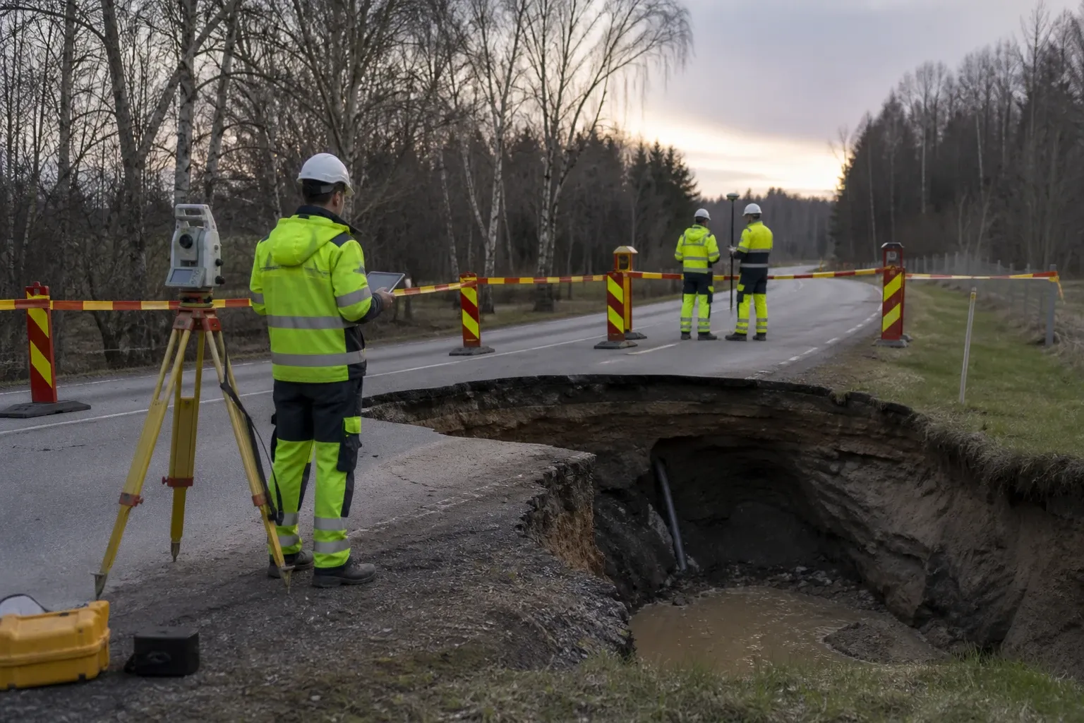 Mättekniker står vid ett hål i en väg medan kollegor arbetar bakom avspärrningar