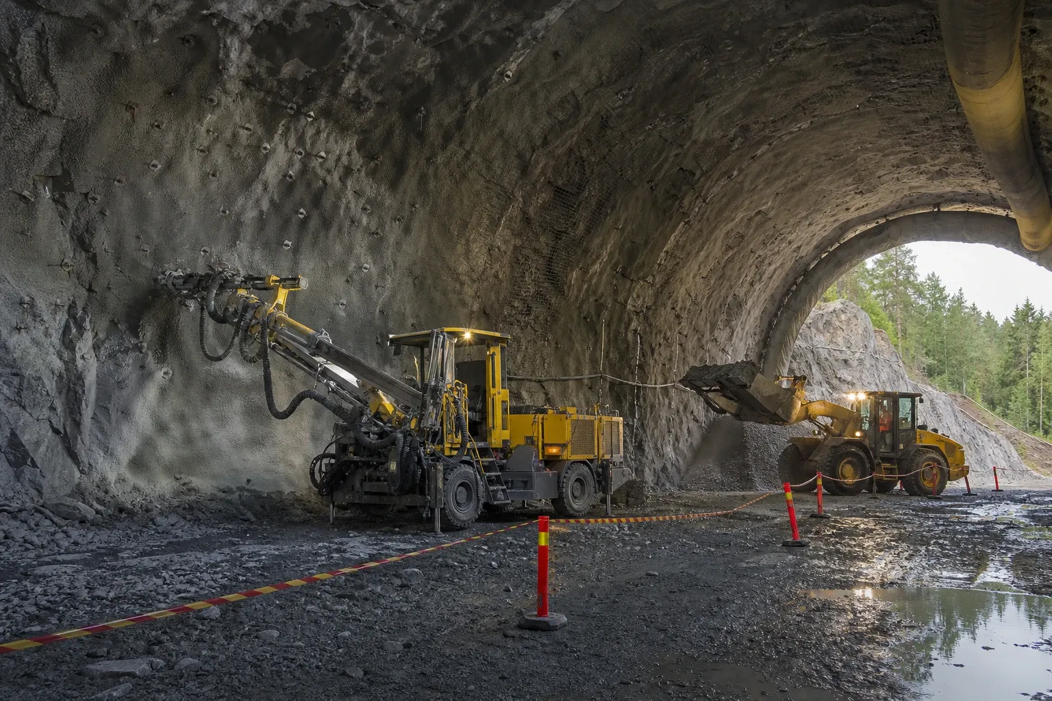 Borrmaskin och lastmaskin arbetar inne i en rå bergtunnel