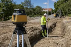 Tvåfallslaser på stativ vid höjdmätning på en anläggningsplats