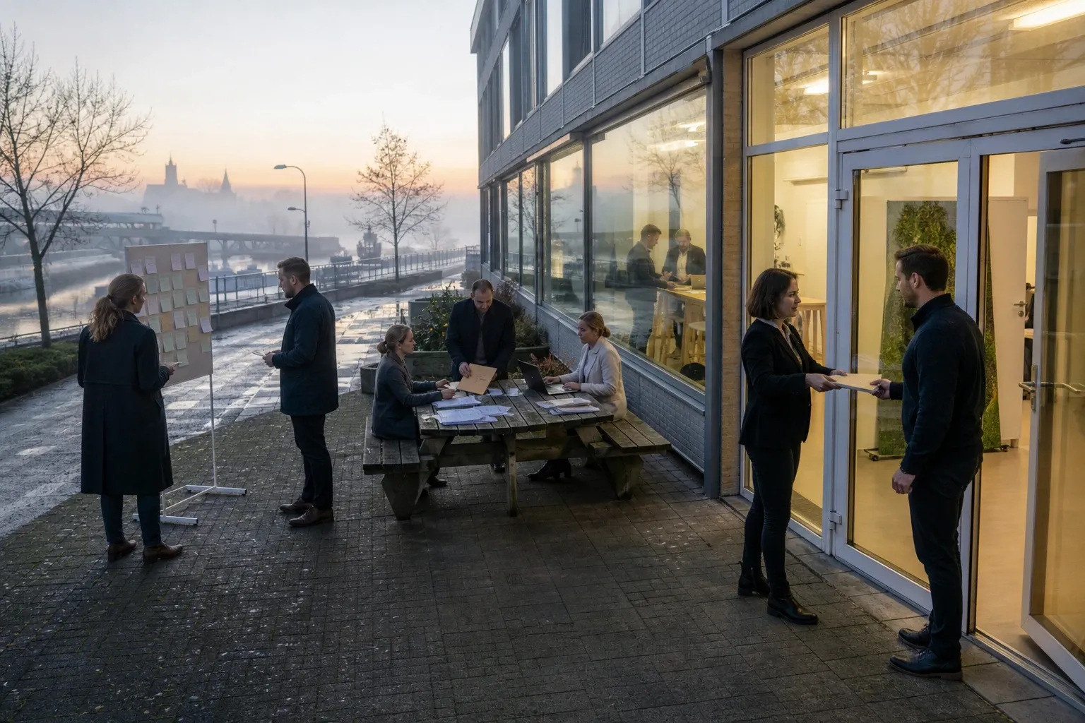 Flera personer arbetar med dokument vid ett bord utanför ett kontor