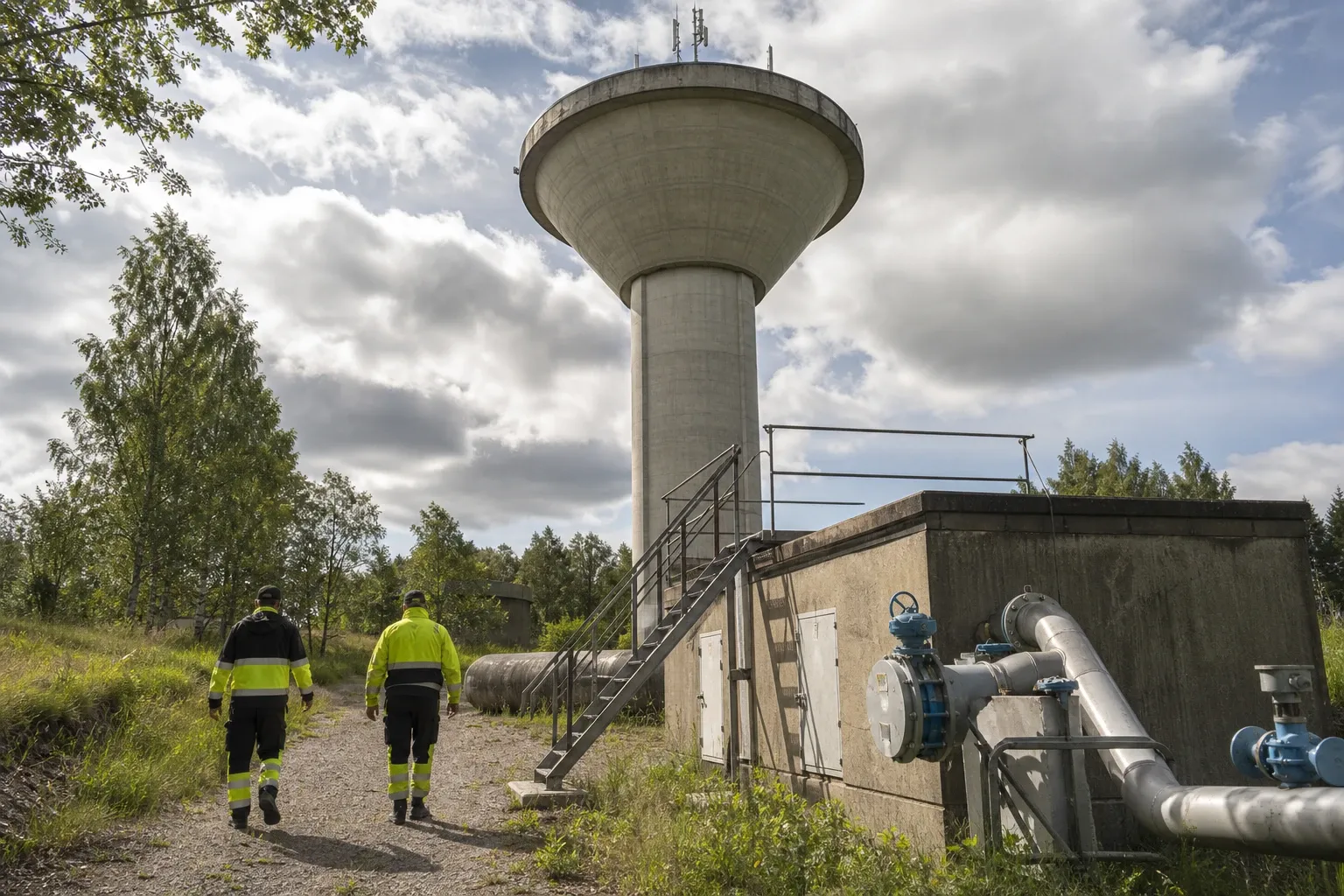 Två tekniker går mot ett vattentorn med synliga ledningar vid basen